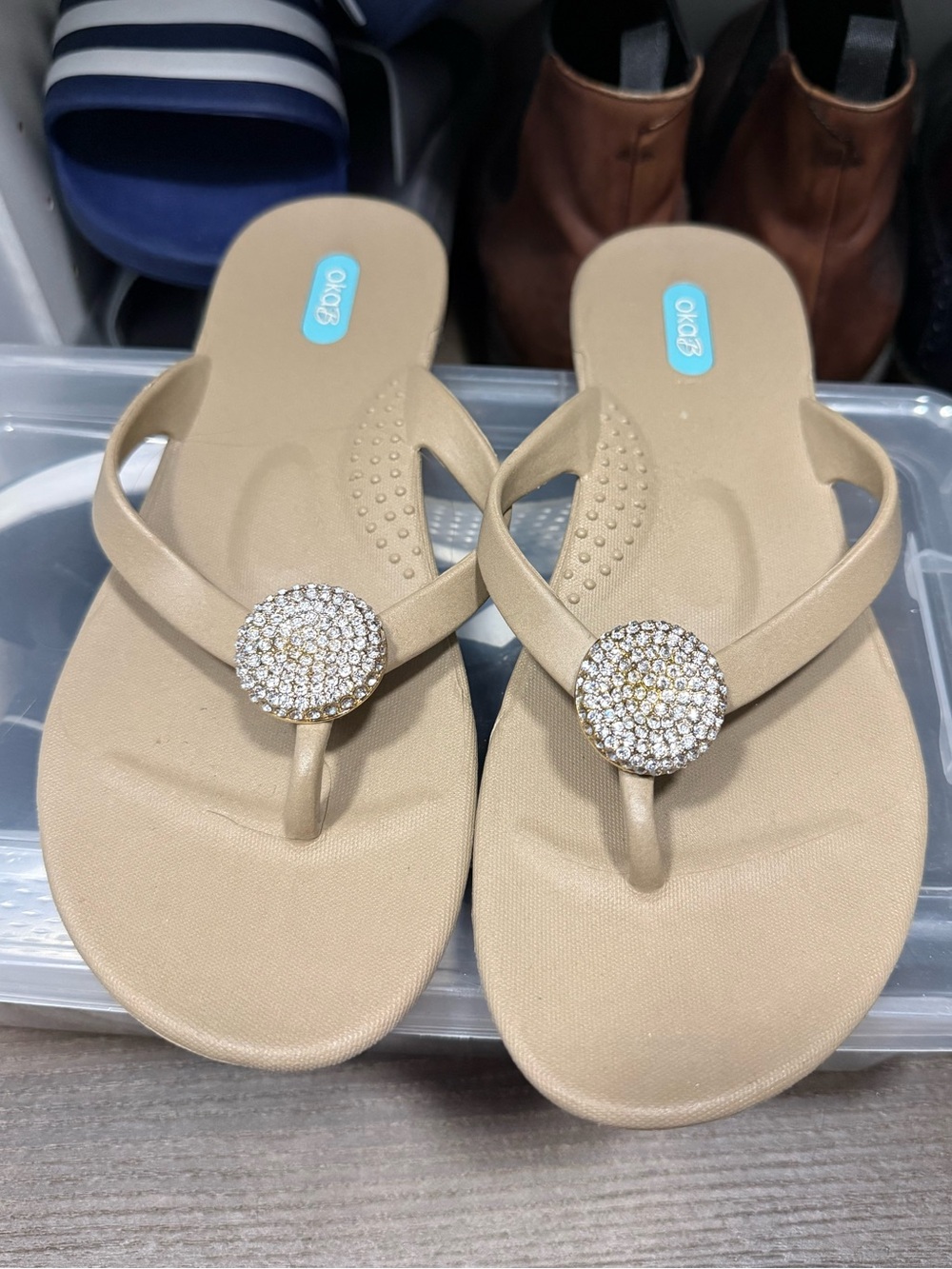 OKA b. Tan Rhinestone Medallion Thong Sandals